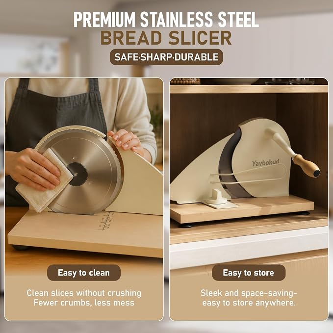 Manual Bread Slicer for Homemade Sourdough – Hand Crank Rotary Slicer | 0–0.8″ Adjustable Thickness, Stainless Steel Serrated Blade, Non-Slip Suction Cups, and Aluminum Alloy Frame