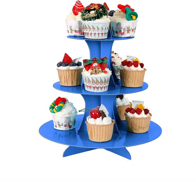 YLDW Cupcake Stand, 3-Tier Cupcake Stand Display, Cardboard Cup Cake Tower Stand, Disposable Dessert Stand for Birthday Tea Party Baby Shower Treat Decorations, Blue