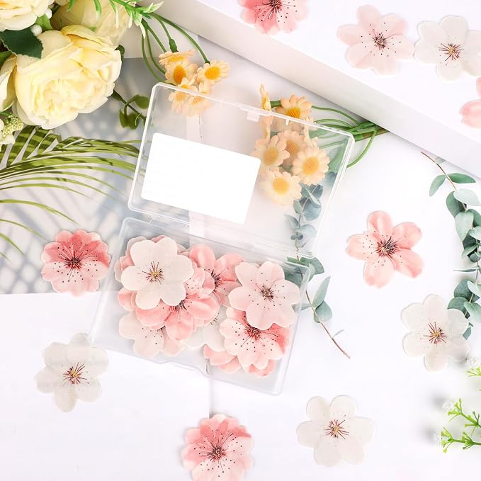 50 PCS Edible Cherry Blossoms Cupcake Toppers Edible Cherry Blossoms Flowers Cake Decorations for Spring Tea Party Cherry Themed Birthday Party Baby Shower Bridal Engagement Anniversary baked goods