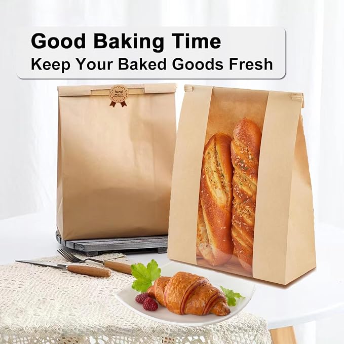 100 Pack Lmoszuak thicker Large Paper Bread Loaf Bags, for Homemade Bread (13.7x8.26x3.54in). with Window Bread bags & 125pcs Sealing Stickers,Suitable for Packaging and Storage of Baked Goods