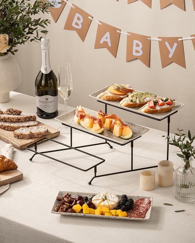 LAUCHUH 3 Tier Serving Tray, Porcelain Serving Platters and Trays for Party 12 Inch Tiered Tray Stand Cupcake Stand with Collapsible Sturdier Rack for Father's Day Serving Food, Speckled Glaze
