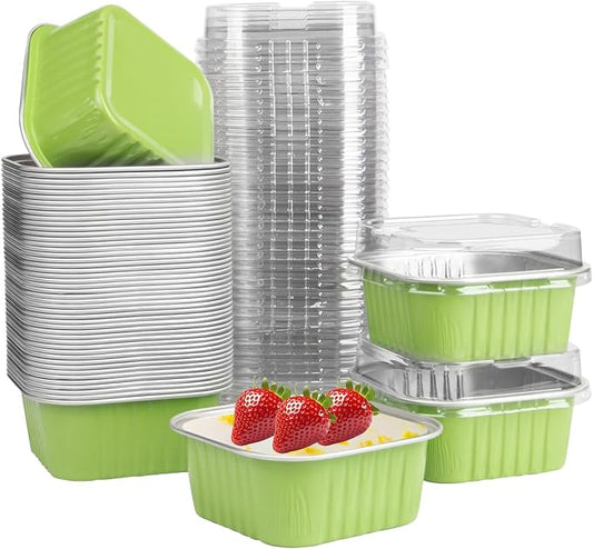 50 Pcs Mini Square Baking Cups with Lids,5oz Aluminum Foil Mini Cake Pans with Lids,Disposable Ramekins Cake Pans,150ml Dessert Cups Cupcake Pans for Wedding Birthday Party,Light Green