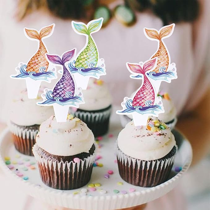 40 PCS Mermaid Tail Cupcake Toppers Double Sided Under the Sea Mini Tail Cupcake Picks Mermaid Birthday Decorations for Ocean theme Baby Shower Birthday Party Cake Decorations Supplies