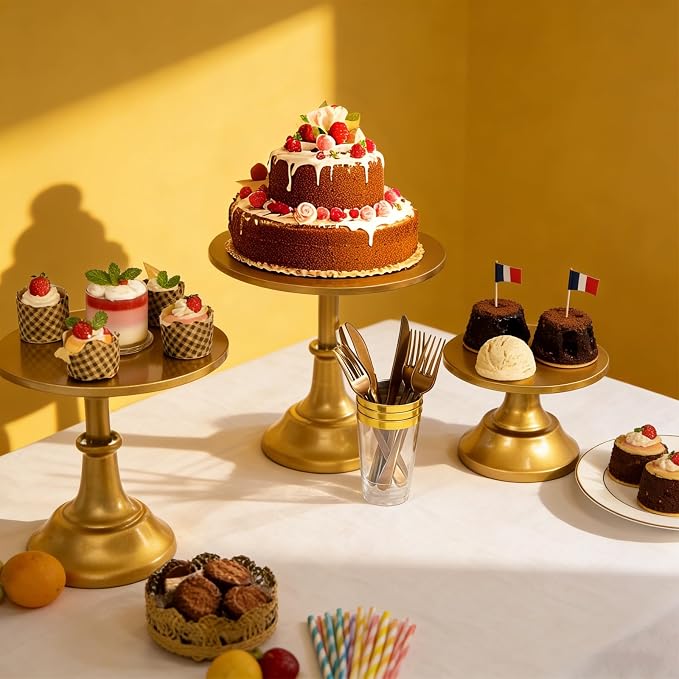 3 Piece Gold Cake Stand Set Metal Round Cake Holder 8/10/12 inch Dessert Table Display Cupcake Stands for Birthday, Baby Shower, Wedding, Banquets, Parties and Ceremonies
