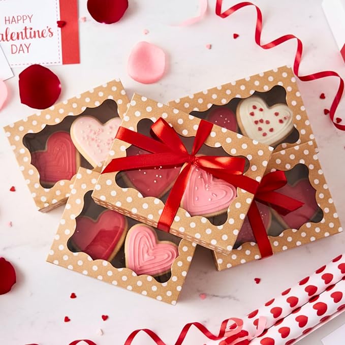 Polka Dot Cookie Boxes - 12 Pack - Brown with White Polka Dots Bakery Gift Box with Window - for Pastries, Cupcakes, Strawberries, Macarons, & Treats - Large Size Easily Fits a Dozen Cookies - 12 pcs