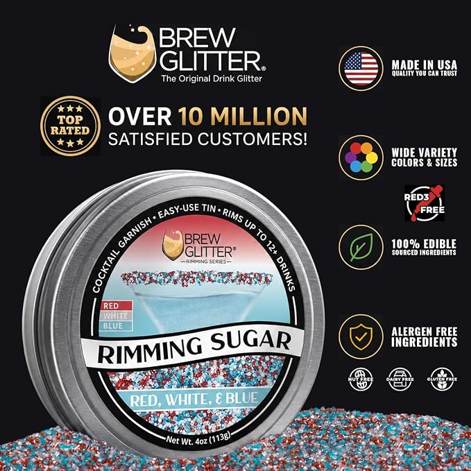 Brew Glitter Red, White & Blue Rimming Sugar (4oz, 1x Bar Tin) for Drinks, Cocktails, Beer, Garnish & Beverages for 4th of July, Indpendence Day, Memorial Day, Veterans Day, and America
