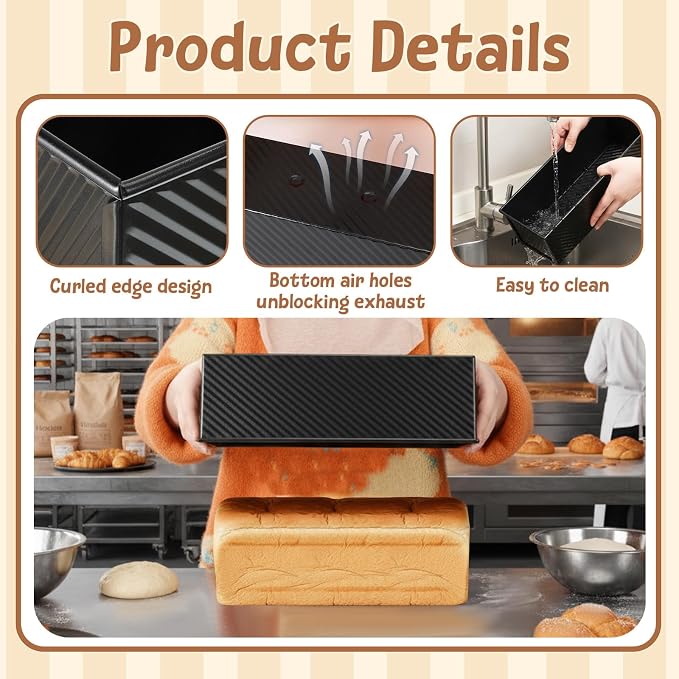 2 Pack Pullman Loaf Pan with Lid, 2.2Lb Non-stick Coating Bread Pan 12.4*4.52*4.3inch Easy to Demold Sandwich Loaf Pans Bread Baking Pans with Lid for Breads Shop Homemade Breads with Family