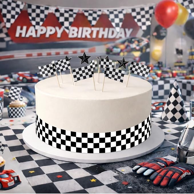 3pcs Edible Checkered Cake Border, 28x6.2cm/11x2.44in Black & White Flag Print Racing Pre-Cut Race Car Image Wrap Rice Paper Sheet for Birthday Decor Side Strip Topper Party Decoration
