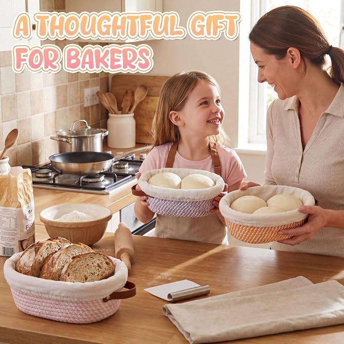 4 Pack Oval Banneton Bread Proofing Basket Set, 10'' Natural Cotton Rope Sourdough Proofing Basket with Liners & Handle Artisan Sourdough Bread Baking Supplies for Home Bakers(Pastel)