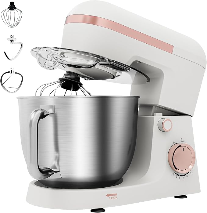 6.5 Qt 10-Speed Tilt-Head Stand Mixer with Dough Hook, Whisk, Beater & Splash Guard, Electric Kitchen Mixer for Baking, Cakes, Bread, and Home Cooking (White)
