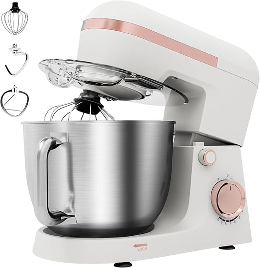 6.5 Qt 10-Speed Tilt-Head Stand Mixer with Dough Hook, Whisk, Beater & Splash Guard, Electric Kitchen Mixer for Baking, Cakes, Bread, and Home Cooking (White)