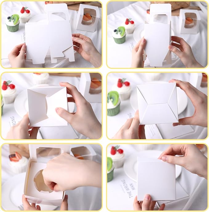 VGOODALL 20PCS White Cupcake Boxes, 3.5"x3.5"x3.5" Individual Cupcake Containers Pre-Assembled Containers with Window and Inserts for Wedding Baby Shower Birthday