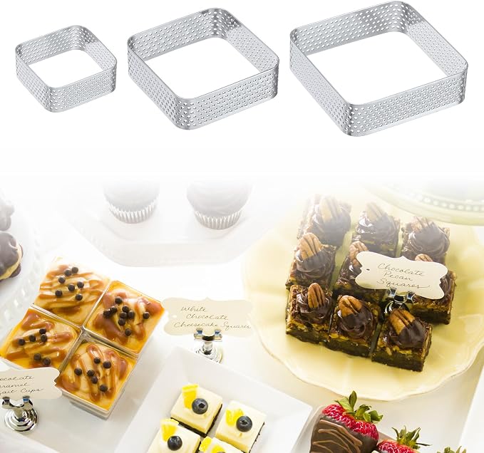 uxcell 6pcs Square Perforated Cake Rings 3.1 x 3.1 Inch Stainless Steel Cake Pastry Mousse Ring Molds for DIY Cake Dessert Mousse Pastries Baking, Silver Tone