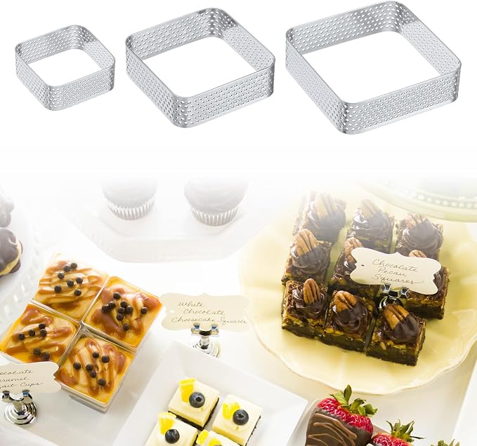 uxcell Square Perforated Cake Rings 7.9 x 7.9 Inch Stainless Steel Cake Pastry Mousse Ring Molds for DIY Cake Dessert Mousse Pastries Baking, Silver Tone