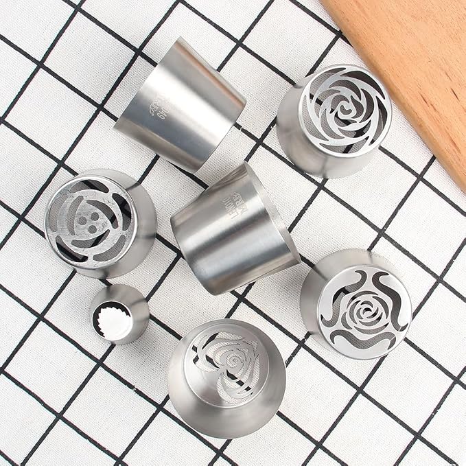 6 Pieces Extra Large Stainless Steel Russian Tulip Marshmallow Icing Tips Kit, Cupcake Dessert Piping Nozzles Set,1 Small Russian Icing Tip,1 Cleaning Brush for Cake Decorations,Pastry Baking Tools