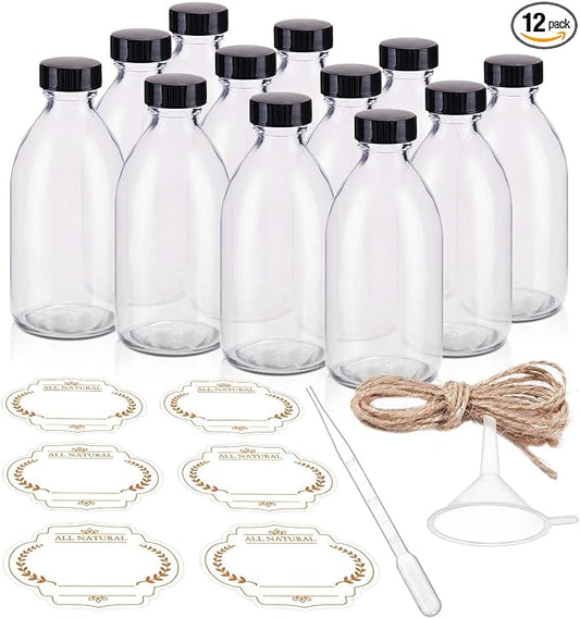 12 Pack, 8 OZ Glass Bottles with Lids Leakproof Refilllable Empty Boston Sample Dispensing Bottles for Homemade Vanilla Extract, Essential Oils, Potion, Juice, Ginger Shots, Liquids (Clear)