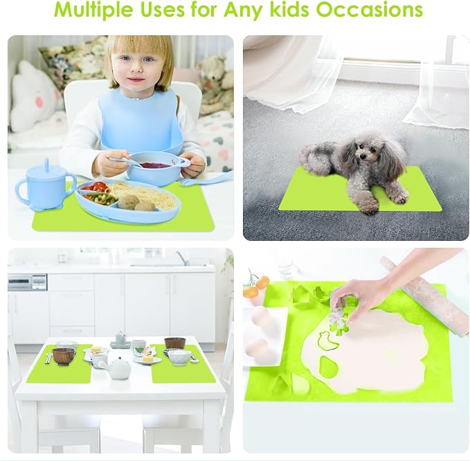 Silicone Mat for Crafts, 15.7" x 11.8" Silicone Placemats for Kids Dining Table Waterproof Countertop Protector, Heat Insulation Kitchen Pastry Rolling Dough Pad Tool, Green
