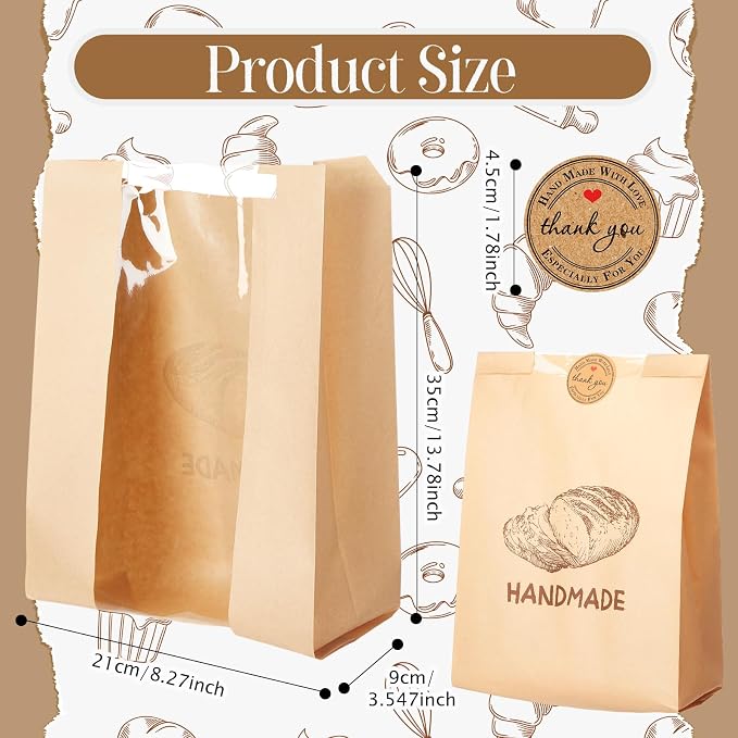 Feifeiya 100 Pack Kraft Paper Bread Bags for Homemade Sourdough Bread with Window & Stickers, 13.7x8.3" Large Bakery Bags for Loaves Greaseproof Food Packaging for Baking Gifts, Brown(Novel Style)