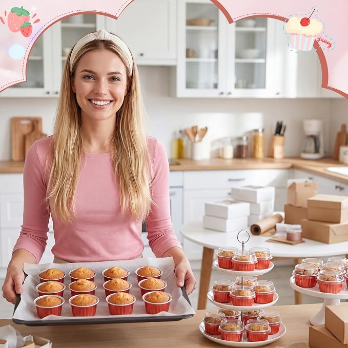 200 Pack Aluminum Foil Cupcake Liners with Lids, 5 oz Round Baking Cup, Disposable Ramekin Container for Graduation Wedding Independence Day Party(Rose Silver,Plain)