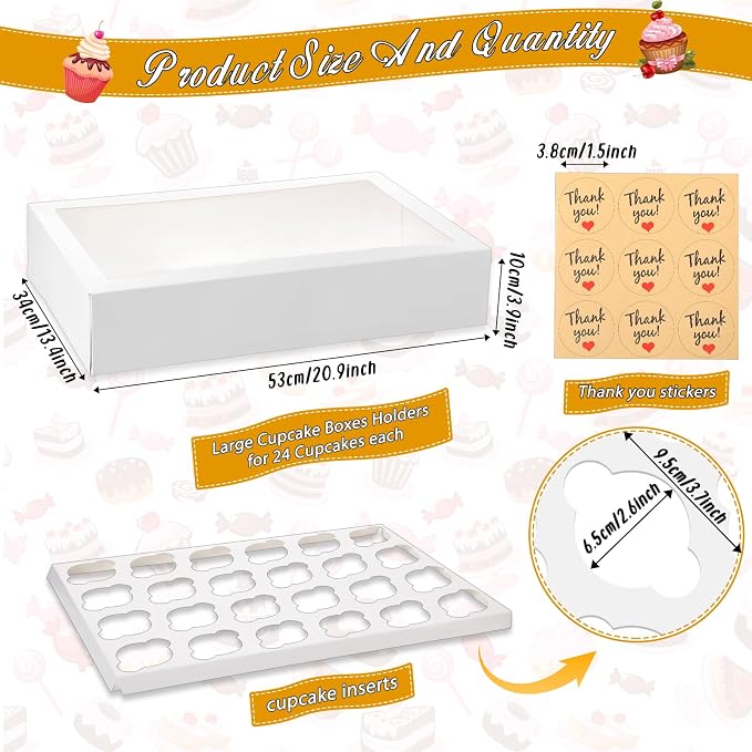 Fuutreo 5 Pack White Mini Cupcake Boxes with Window 21 x 13 x 4 Inches 24 Count Auto Pop up Large Cookie Boxes Cupcake Containers with Thank You Label Stickers for Muffins Pastries Donuts Cookies