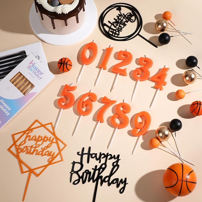 Yerliker 34 Pcs Happy Birthday Cake Toppers Decorations Birthday Candles DIY Cake Decor for Men Women Wedding Anniversary(Orange Black Gold)