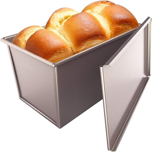 CHEFMADE Pullman Loaf Pan with Lid, 1Lb Dough Capacity Non-Stick Rectangle Flat Bread Pan Bakeware, Toast Mold with Cover for Oven Baking Cakes, Breads and Meatloaf (Champagne Gold)