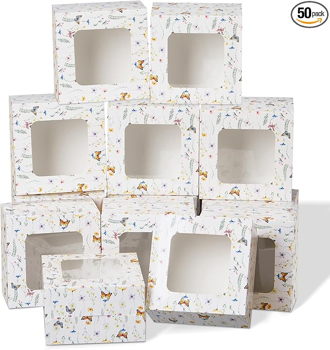 50 Pack Wild Flower Cookie Boxes with Window, Wildflower Small Bakery Treat Boxes for Pastry Donuts Macaroon Cupcakes, Spring Tea Party Baby Shower Birthday Wedding Bridal Shower Favors