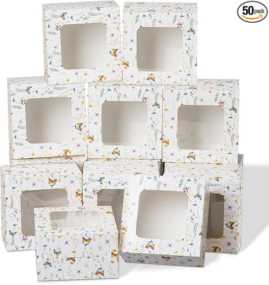 50 Pack Wild Flower Cookie Boxes with Window, Wildflower Small Bakery Treat Boxes for Pastry Donuts Macaroon Cupcakes, Spring Tea Party Baby Shower Birthday Wedding Bridal Shower Favors