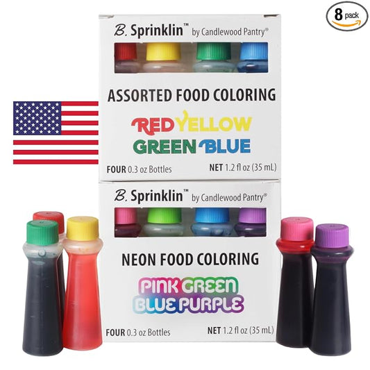 B. Sprinklin Assorted Liquid Food Coloring Kit - Neon and Regular (8) Colors, Vibrant Food Dye for Slime Crafts, Dying Eggs, Frosting and Cake Decorating, 8 Bottles, 0.3 fL Oz by Candlewood Pantry