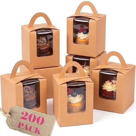 qiqee Auto-pop Brown Cupcake Boxes Individual Disposable 3.7"x3.7"x4.5" 200pcs Cupcake Disposable Single Box with Window