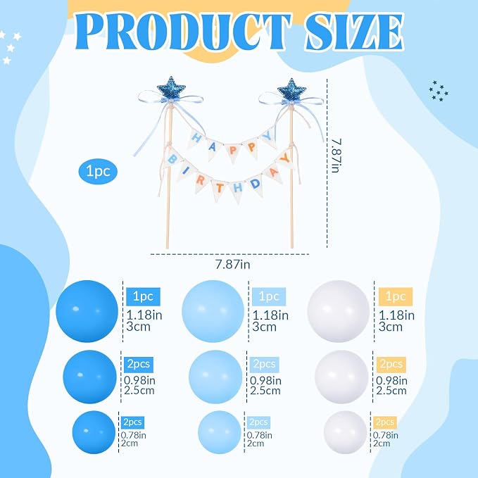 16 Pcs Happy Birthday Cake Topper Cake Bunting Topper Banner with Wood Pole Rainbow Garland with Bow Ribbon Balloon, Mini Cupcake Decor for Birthday Baby Shower (White,Light Blue,Dark Blue)