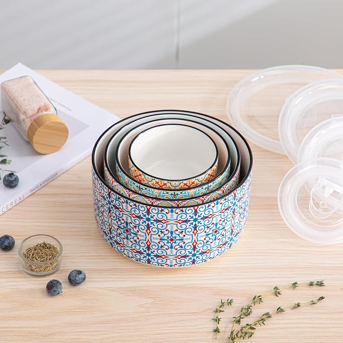 Ceramic Nesting Bowl Set with Lids, Microwave Safe, Set of 4 | Mixing Bowls & Food Storage Containers for Kitchen Prep & Serving (50/32/20/10 oz)