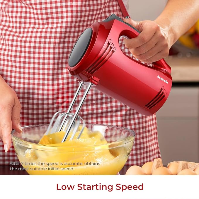 Hand Mixer Electric Handheld with Flat Bottom, Portable Mixer for Kitchen Baking Cake, Powerful Mixing for Thicker Doughs with dough hooks