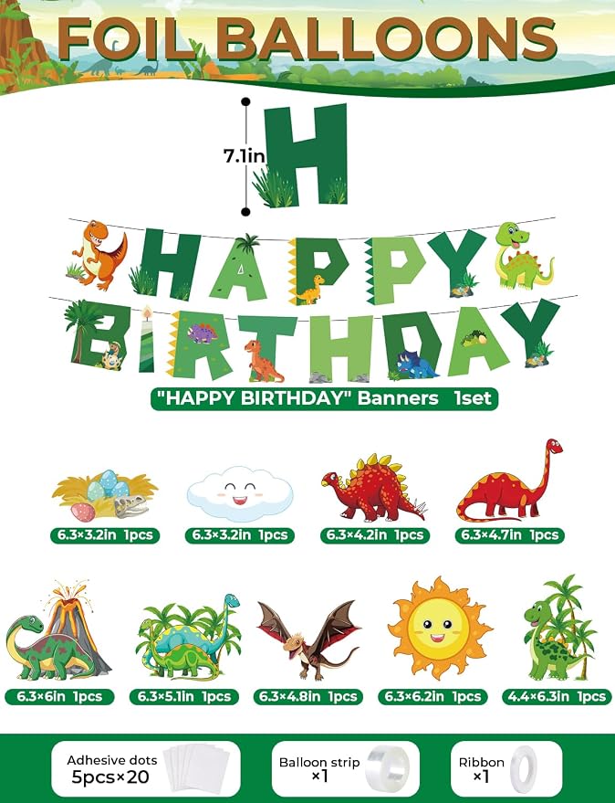 Dinosaur Balloon Arch Garland Kit, 144PCS Dinosaur Birthday Party Decorations with Dino Banner & Happy Birthday Banner, Jungle Balloons for Kids Boys Dino Jungle Safari Birthday Baby Shower Party