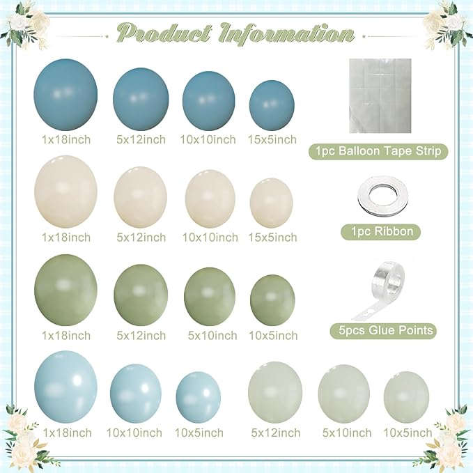 Dusty Blue Sage Green Balloon Arch Kit, 124Pcs Fog Blue Light blue Green Sand White Balloons Different Size for Baby Shower Bridal Shower Anniversary Birthday Party Decorations