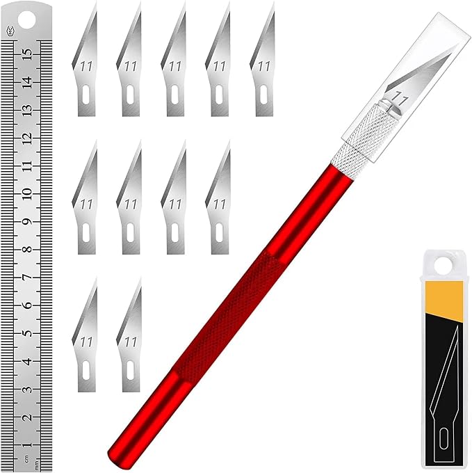 DIYSELF Craft Knife with 10 Extra #11 Blades, Precision Hobby Knife Set with Steel Ruler, Exacto Knife for Crafting, Polymer Clay, Pottery, Paper, Vinyl, Stencil & Model Making (Red)
