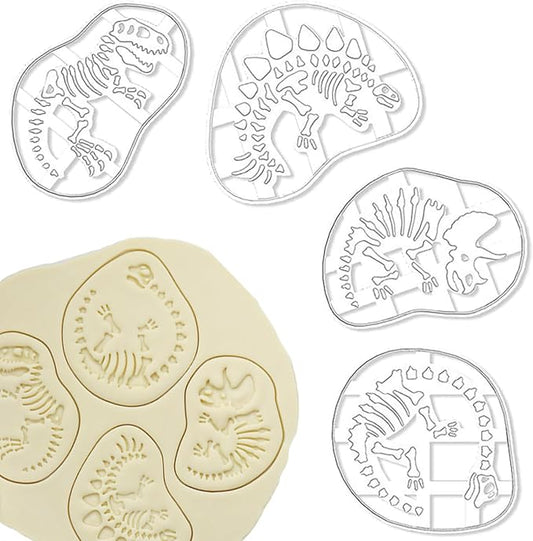 4 Pcs Dinosaur Cookie Cutters Dinosaur Skeleton Fossil Cookie Cutters Stegosaurus T-Rex Tanystropheus Triceratops Bone Fossil Mold for Stamp Baking Dinosaur Biscuits Enthusiasts