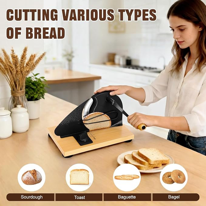 Upgrade Manual Bread Slicer for Homemade Sourdough Bread, Adjustable Thickness with Stainless Steel Serrated Blade, Even Slicing Guide, Non-Slip Suction Cups – Ideal for Home Kitchens and Bakeries