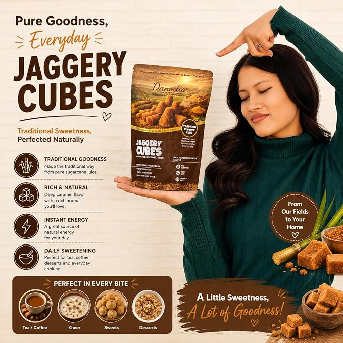 Danodia Foods Organic Jaggery Cubes, Cane Gur Sweetener, 1 lb Pack | Traditional sugarcane gur cubes for tea, coffee, cooking, baking, desserts and Indian pantry recipes; no preservatives used