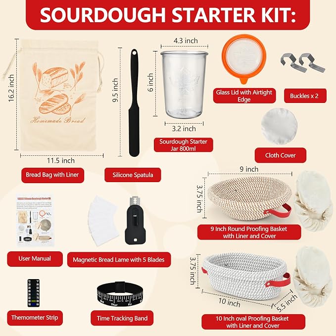 Sourdough Starter Kit, Bread Baking Supplies with Sourdough Jar 9" Round & 10" Oval Proofing Basket Magnetic Bread Lame Resuable Bread Bag, Breads Making Kit Sour dough Gifts for Bakers Women Wife Mom