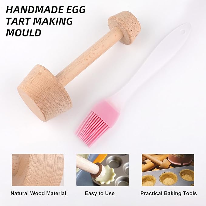 2Pcs Wooden Tart Tamper Set,Double Sided Pie Pastry Dough Tamper with Pastry Brush,Wooden Molds Egg Tarts Tamper Pastry Tools for Mini Muffin Tins,Tart Pans