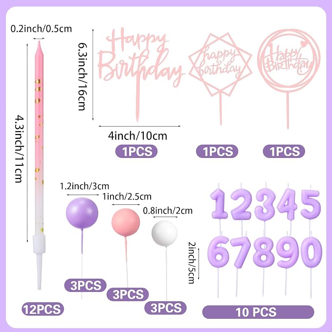 Yerliker 34 Pcs Happy Birthday Cake Toppers Decorations Birthday Candles DIY Cake Decor for Men Women Wedding Anniversary(Purple Pink)