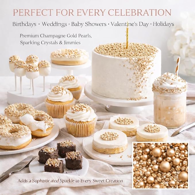 ConfectChampagne Gold Sprinkles – Premium Metallic Pearl Cake & Cupcake Sprinkles (4.2 oz / 120g) – Bake Stable, Soft Chew, No Synthetic Dyes – Edible Decorating Sprinkles for Weddings & Baking