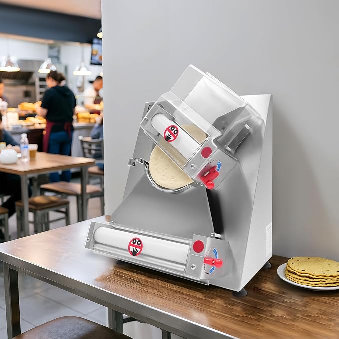 370W Pizza Dough Roller Sheeter, Dual Roller Dough Press Machine for 4-12 Inch Pizza, Adjustable Thickness 0.7-5.4mm, Automatic Pizza Maker for Commercial & Home Use, Silver