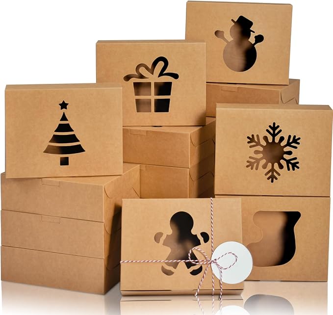 COTOPHER 18Pcs Christmas Cookie Boxes with Window, 9x6x3 inch Brown Bakery Boxes for Gift Giving, XMAS Treat Boxes Holiday Pastries Boxes for Cakes Muffins Donuts Chocolate Strawberries