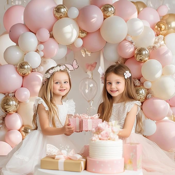 Pink Beige White Balloons Arch Kit - 144 pcs Light Pastel Pink Beige Sand White Chrome Gold Bobo Balloons for Engagement Wedding Bridal Shower Birthday Princess Party Decorations