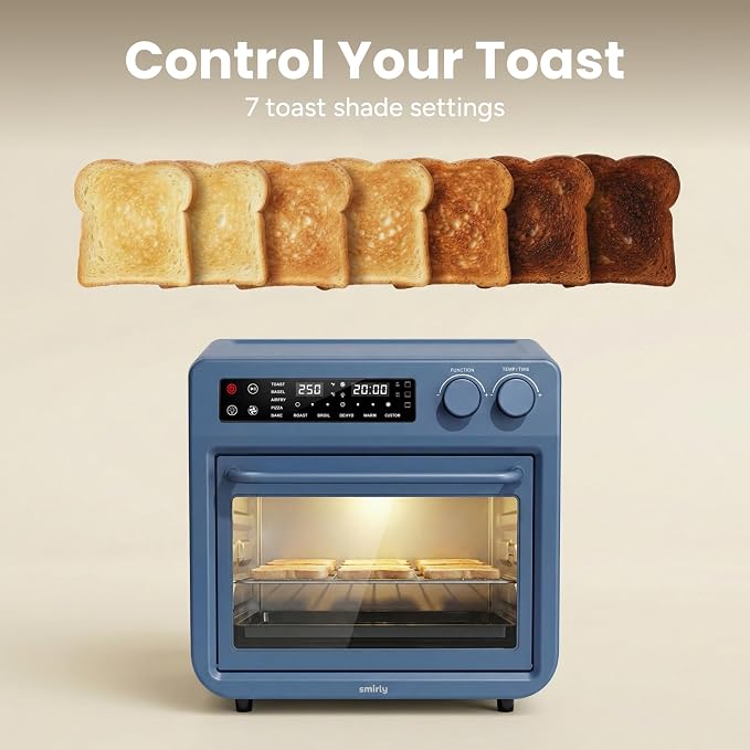 SMIRLY Digital Air Fryer Toaster Oven Combo, 25L Convection Countertop Oven, 10-in-1 Multi-Function Fits 12" Pizza & 6 Slices of Toast, Stainless Steel, Blue