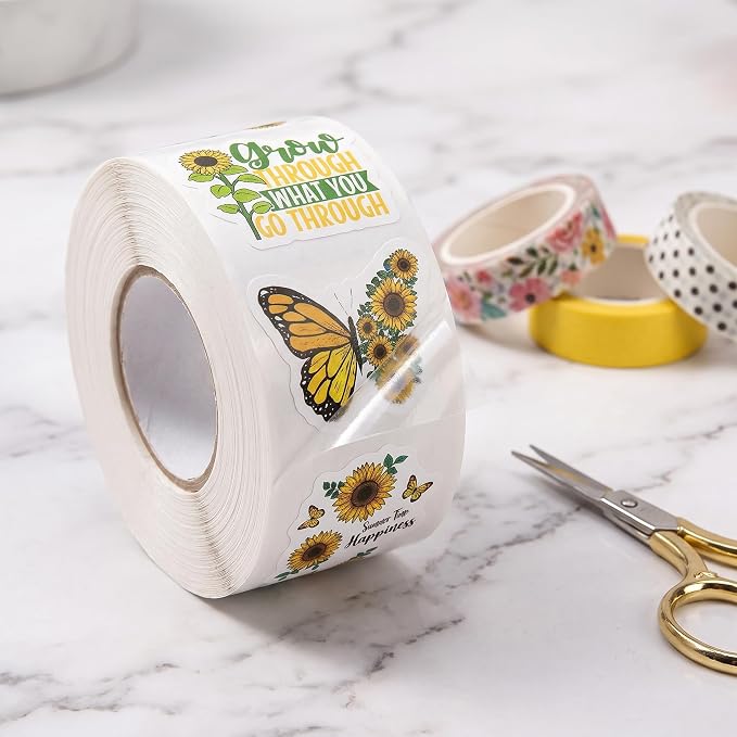 500PCS Sunflower Motivational Stickers Roll, Positive Quote Reward Labels Featuring Kind Strong Love Inspirational Designs for Teachers Students & Small Business Packaging