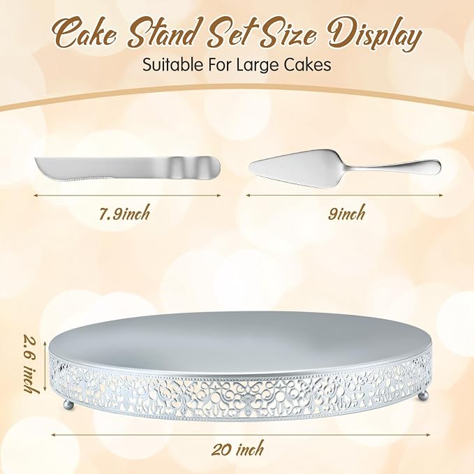 Wenqik 20 Inch Silver Cake Stand Set Metal Round Cupcake Dessert Stand with Cake Cutting, Spatula Wedding Cupcake Pastry Display Candy Holder Display for Wedding Party Birthday Baby Shower(Classic)