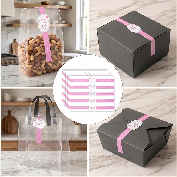 Tamper Proof Stickers 100 Pcs - 8.8 x 1.3 Inch Tamper Resistant Seal Labels for Food Retail Package, Handmade Bakery Candy Artisan Crafts Sealing (Pink)